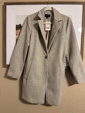 NWT Bohme Women's Large Beige Cream Herringbone Chevron Single Button Long Coat